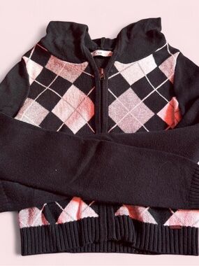 Hollister Black Argyle Half-Zip Sweatshirt with Pink Accent